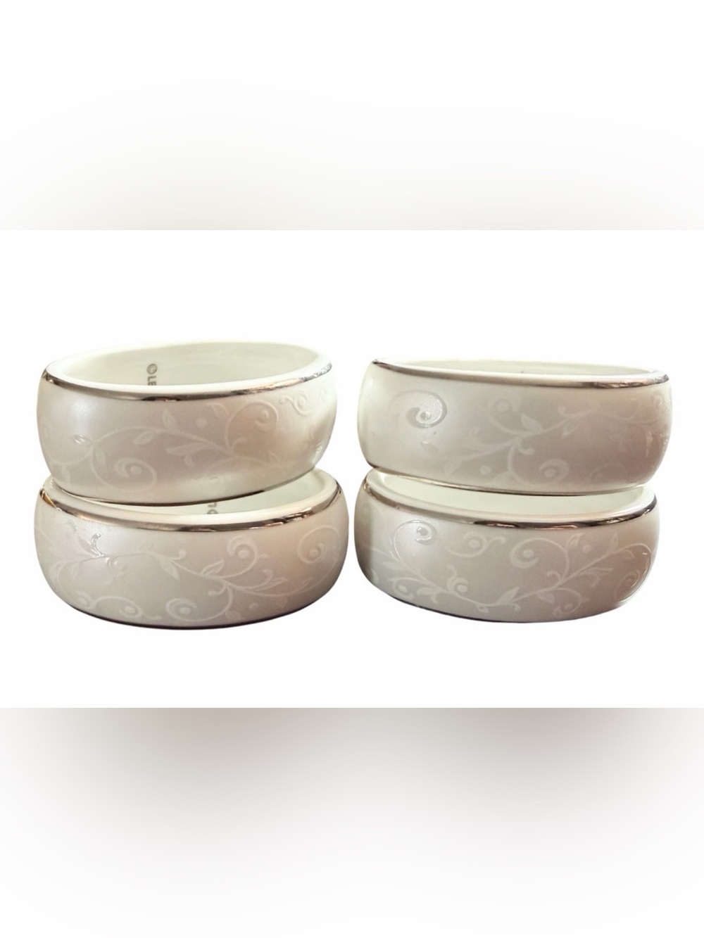 Lenox Opal Innocence White & Platinum Porcelain Napkin Rings Set of (4)